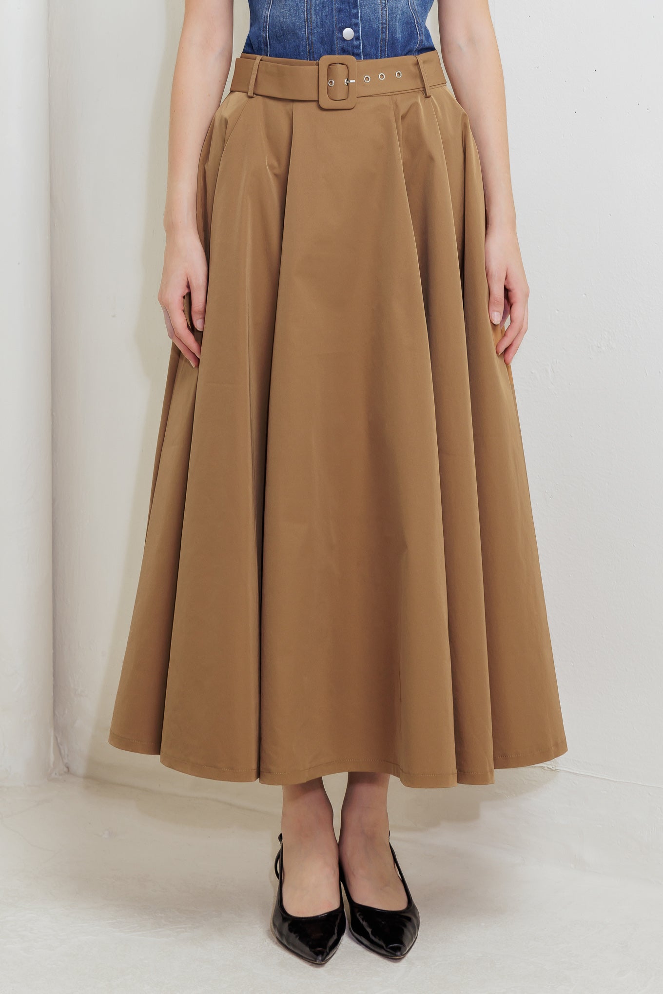 GOLDEN STILL CAMEL WOVEN FULL MIDI SKIRT Flying Tomato