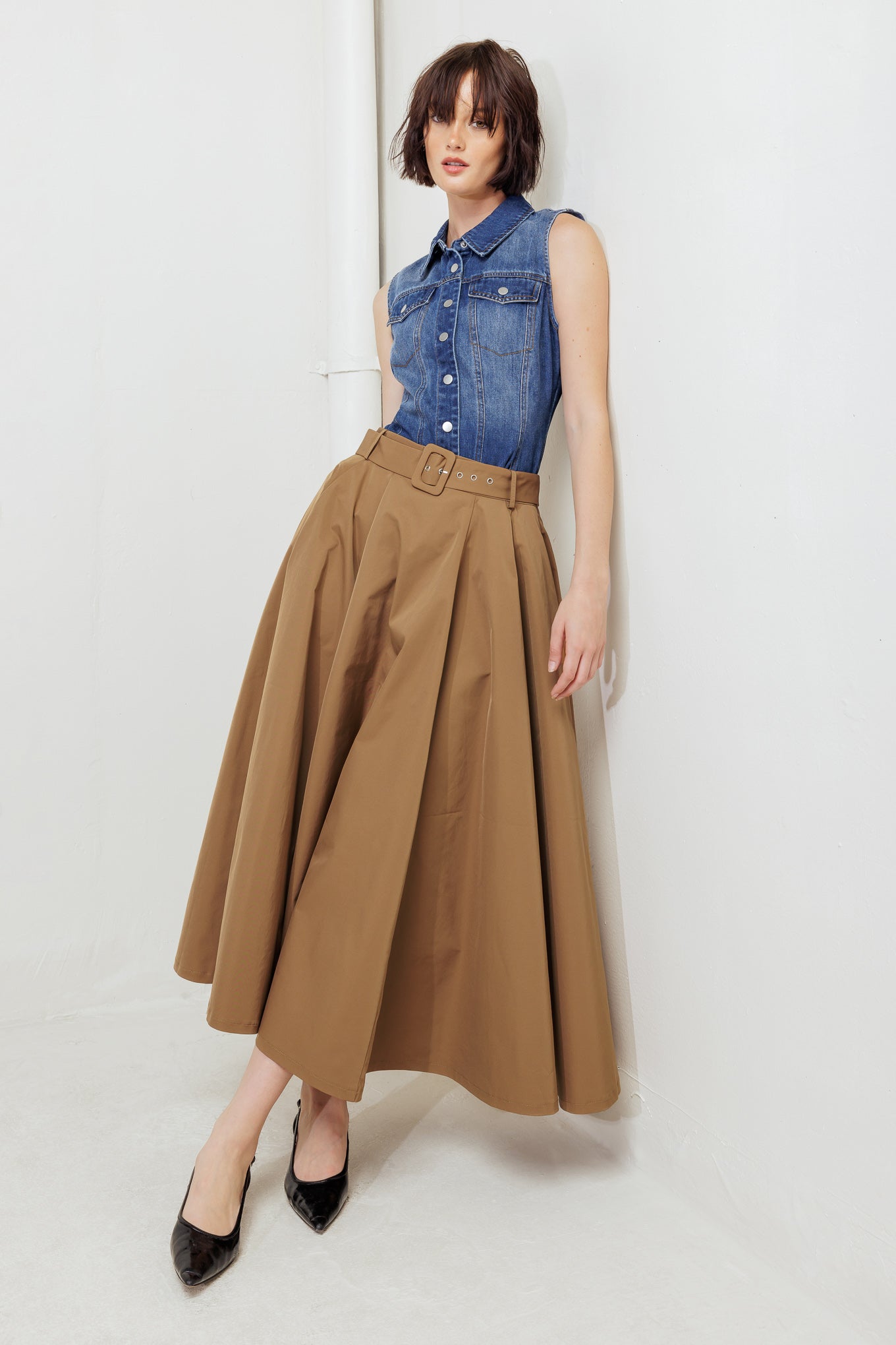 GOLDEN STILL CAMEL WOVEN FULL MIDI SKIRT Flying Tomato
