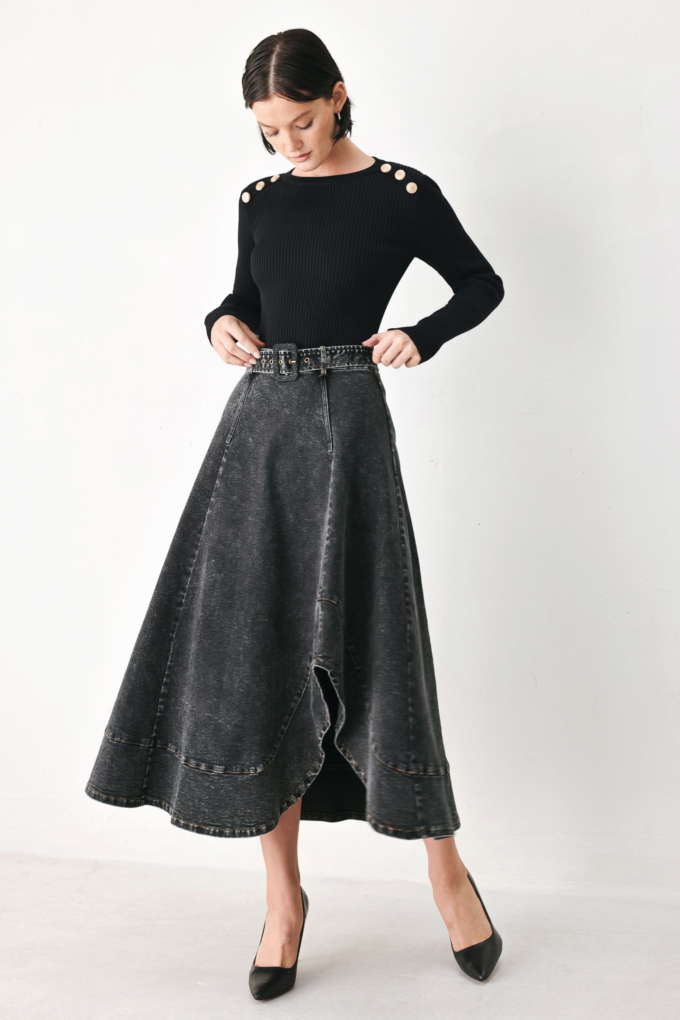 SHADOW STITCH ROMANCE DENIM MIDI SKIRT