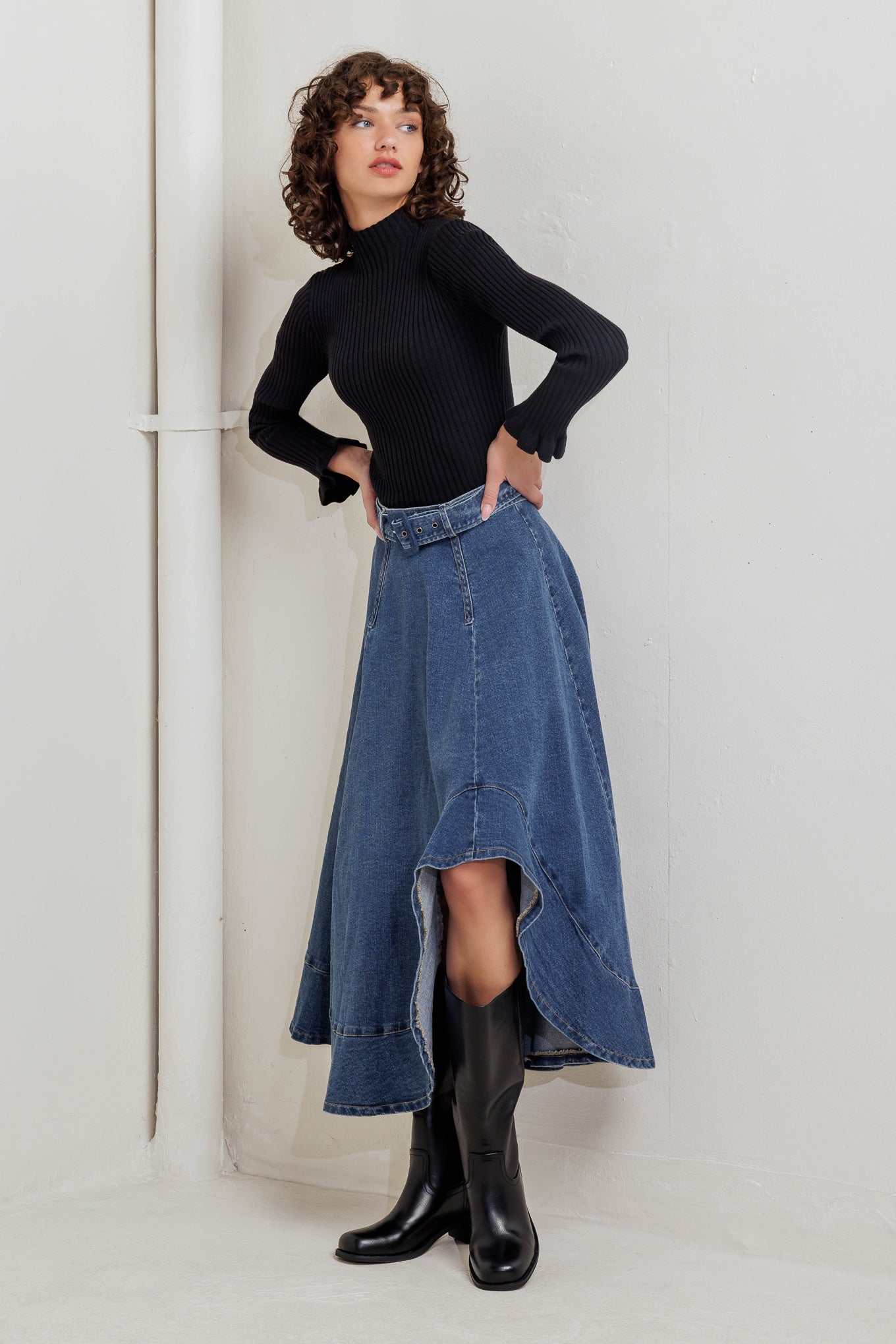 COWBOY CURVE DENIM MIDI SKIRT Flying Tomato
