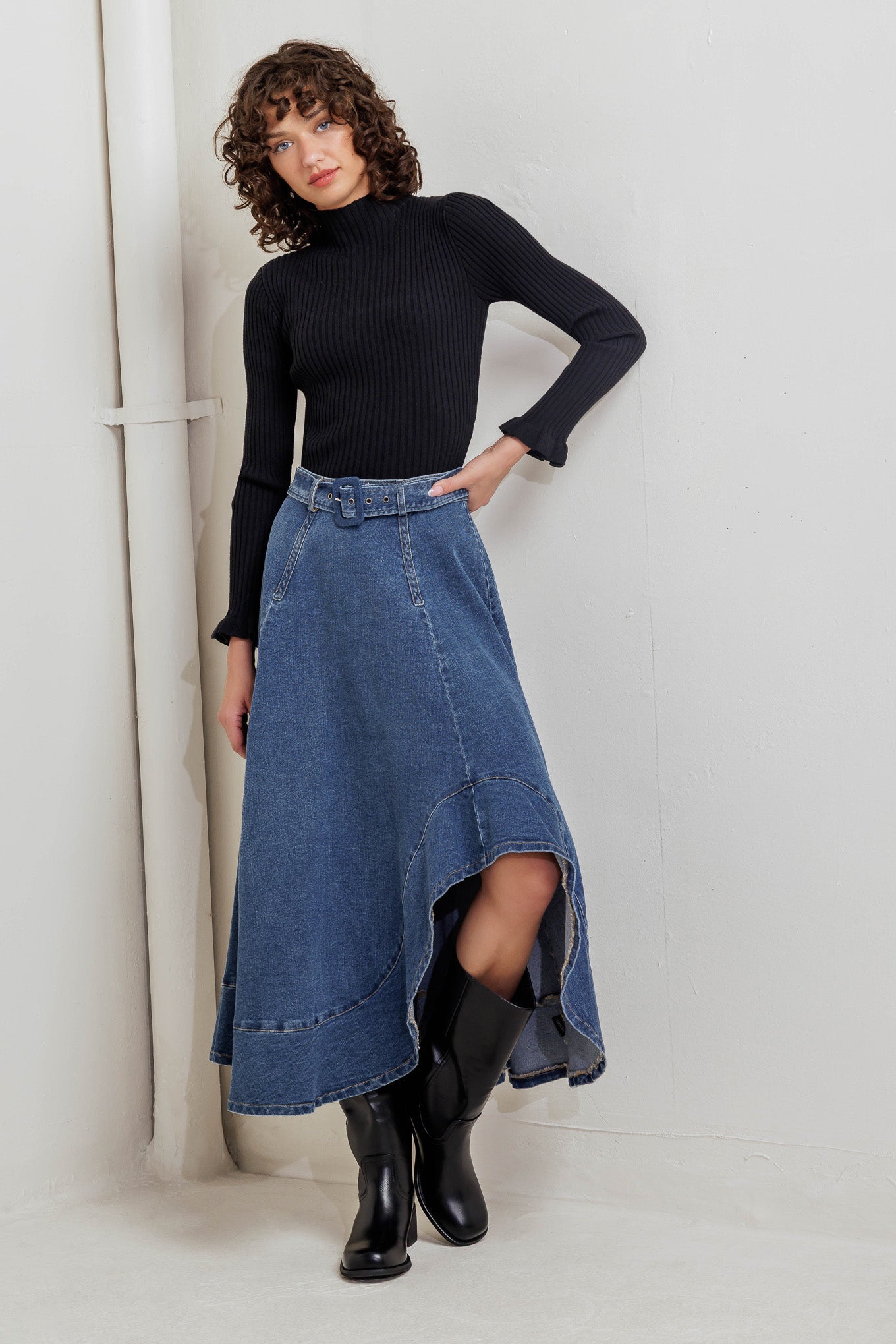 COWBOY CURVE DENIM MIDI SKIRT Flying Tomato