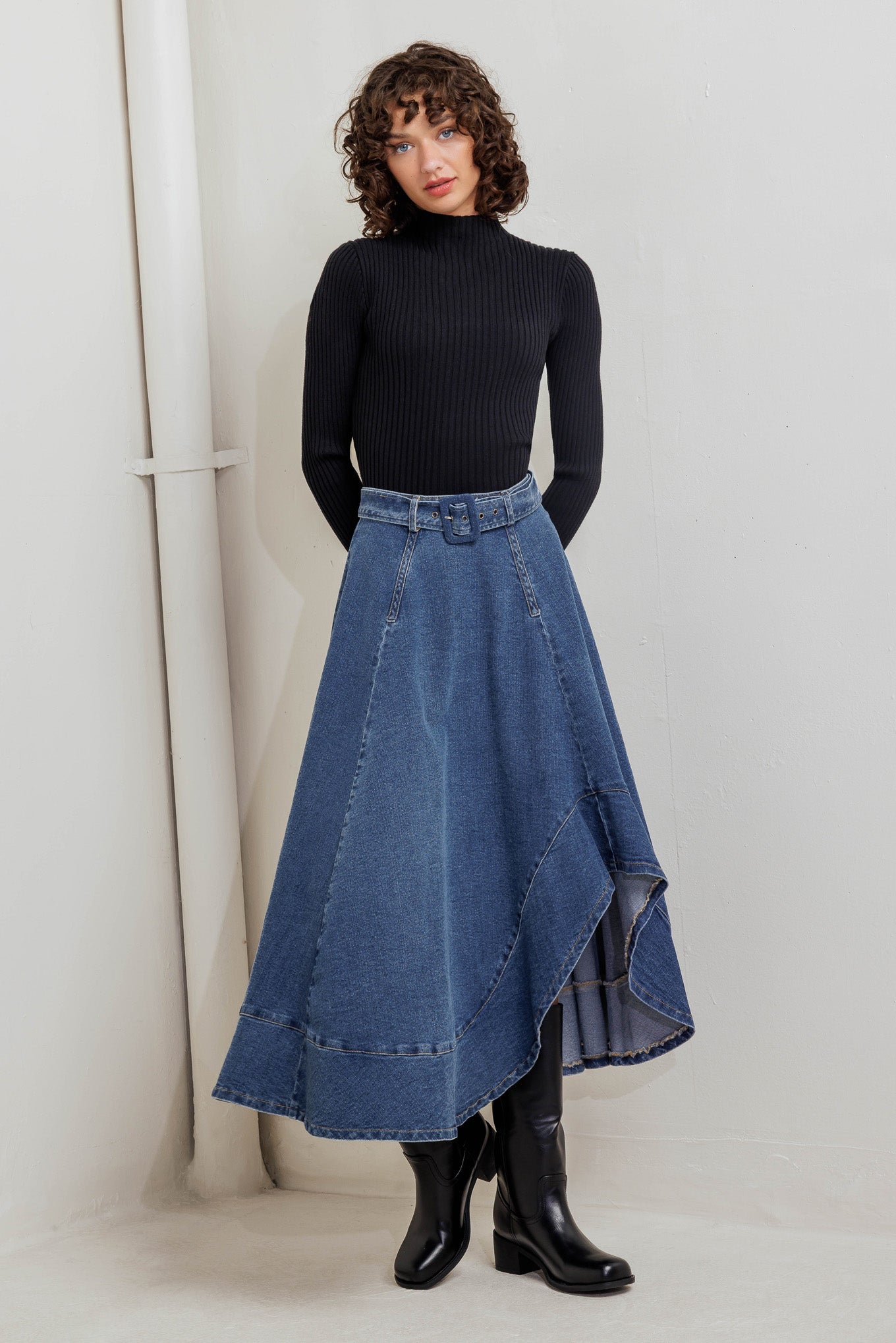 COWBOY CURVE DENIM MIDI SKIRT Flying Tomato