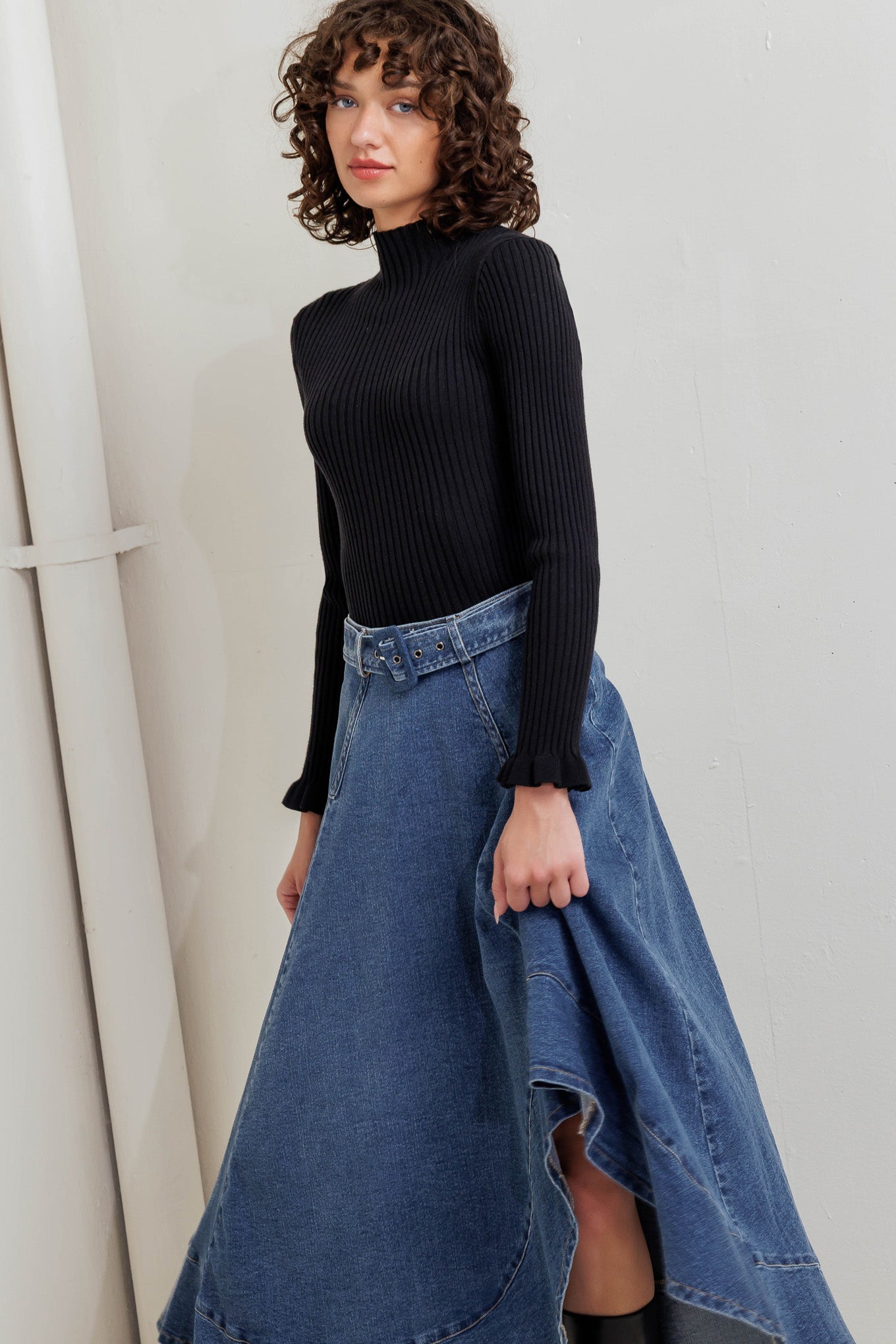 COWBOY CURVE DENIM MIDI SKIRT Flying Tomato