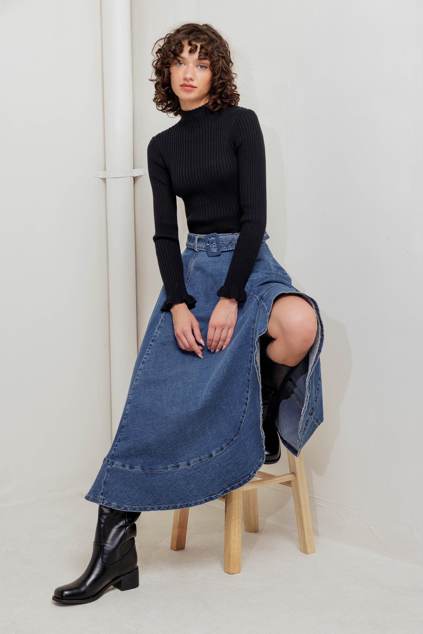 COWBOY CURVE DENIM MIDI SKIRT Flying Tomato