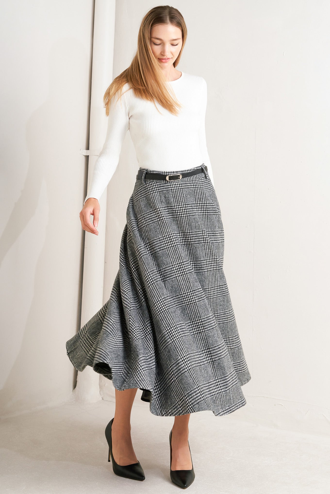 CITY CHECKLINE WOOLEN WOVEN MIDI SKIRT Flying Tomato