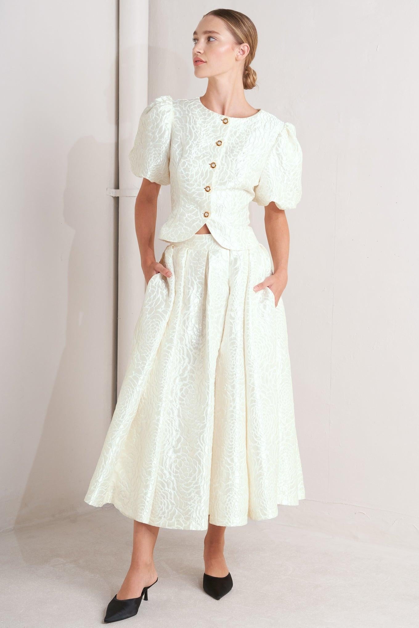 Flying Tomato Rosé Texture Woven Full Midi Skirt, presented to highlight its durable fabric and timeless, elegant style.