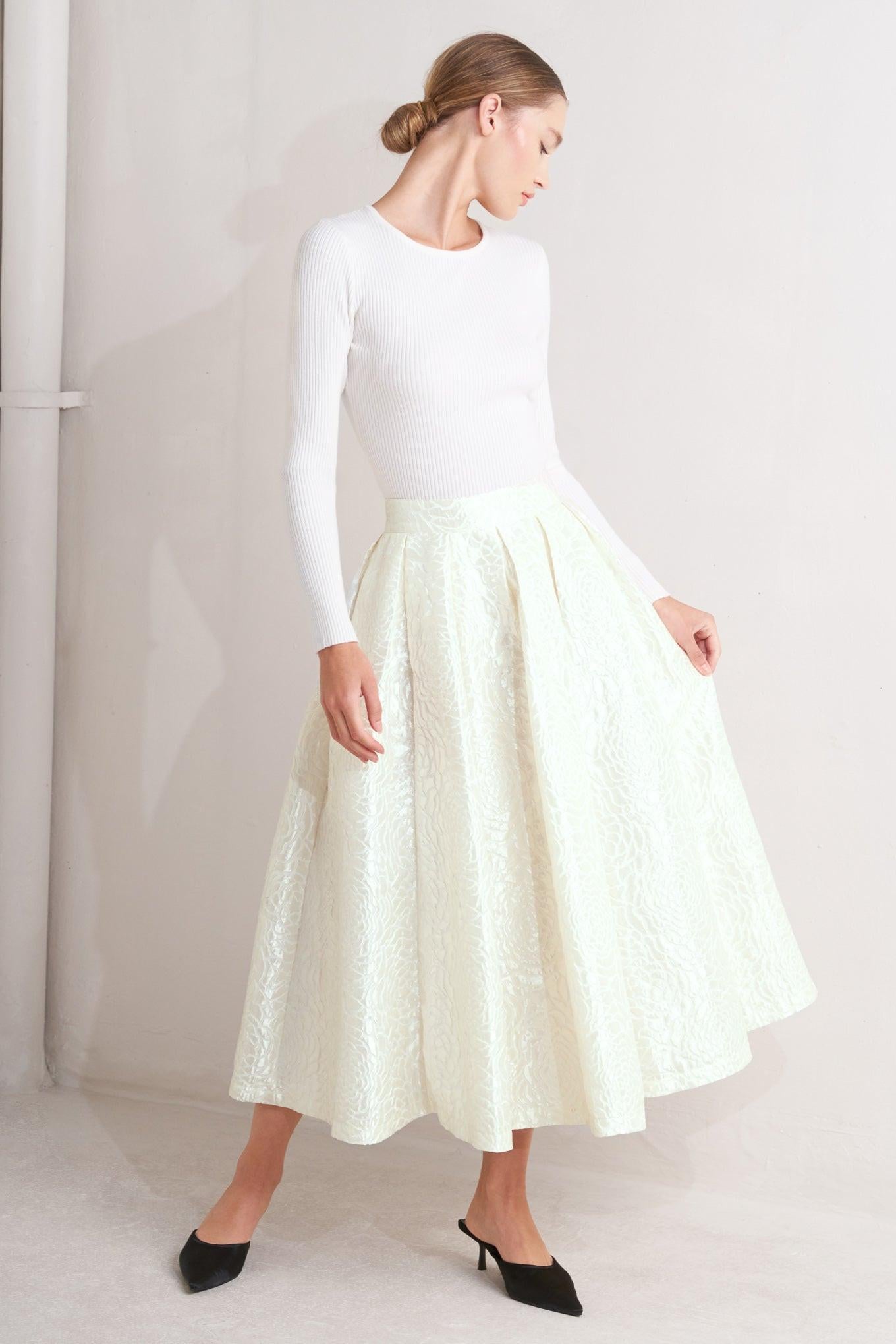 Back view of the Flying Tomato Rosé Texture Woven Full Midi Skirt, emphasizing its flattering drape and quality finish.