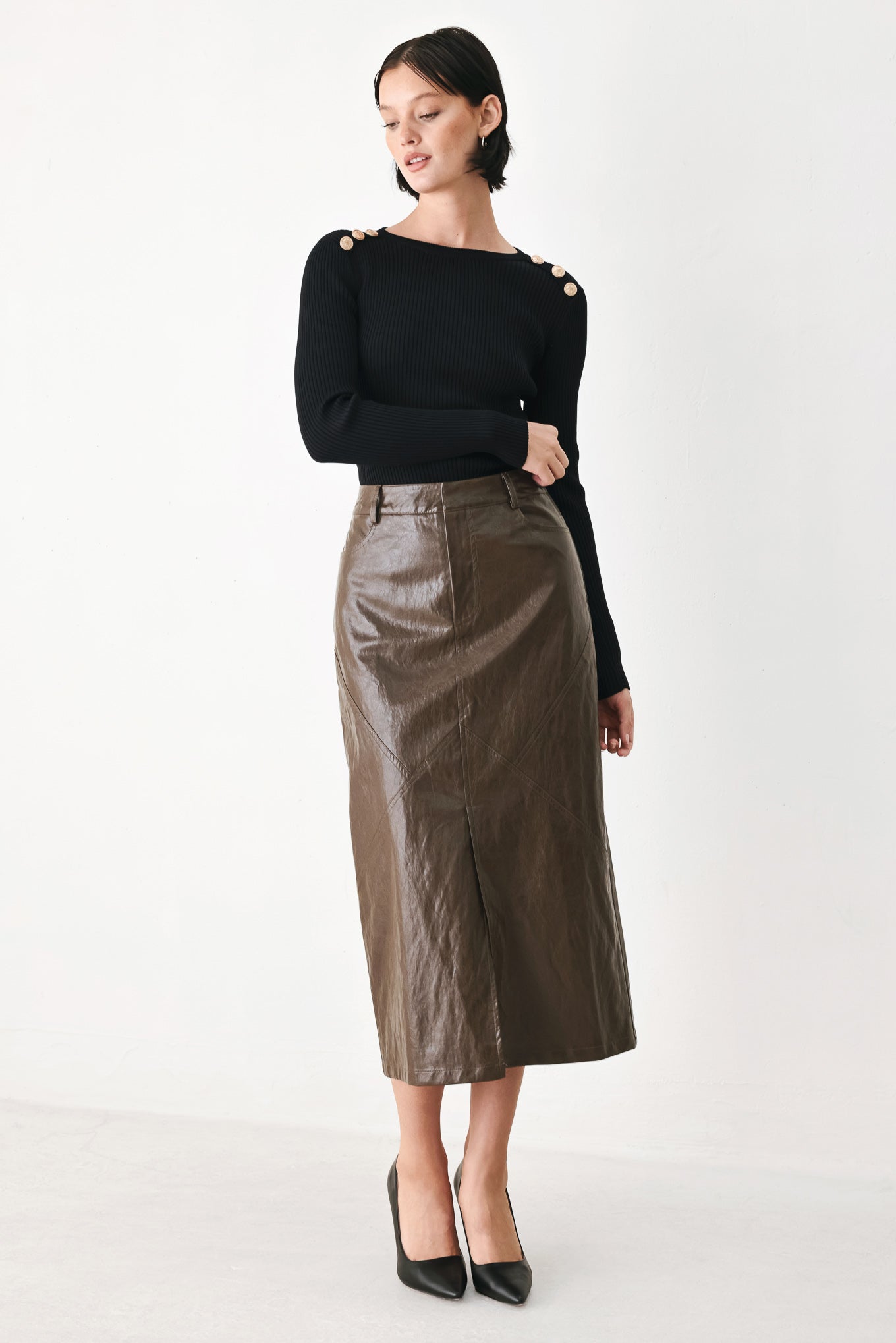 Ladies Brown Faux Leather Column Pencil Skirt With Front Slit And Pockets