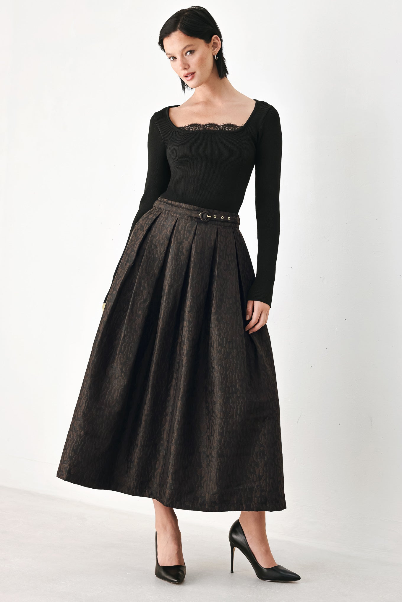 Brown Textured Jacquard Leopard Pleated High Waist Belted Midi Skirt