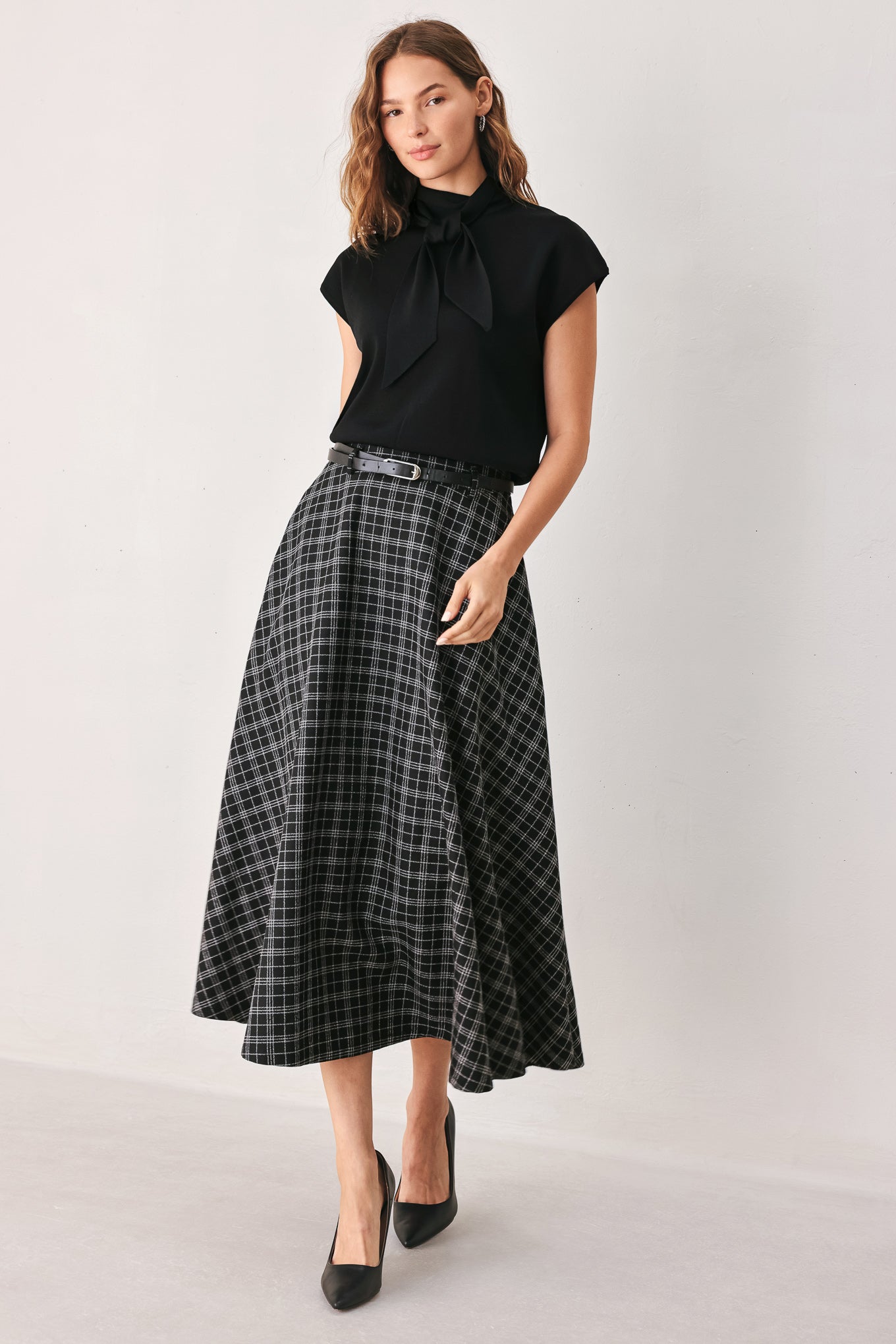 MONOCHROME CHECK FULL-SWEEP MIDI SKIRT