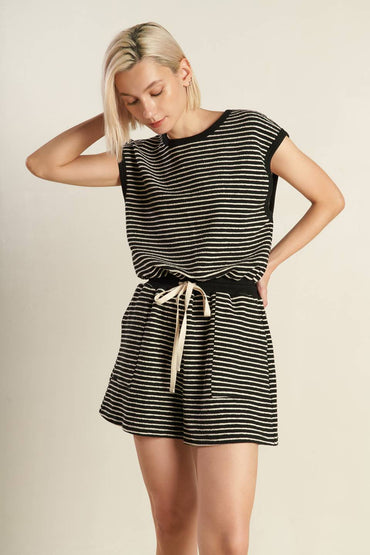 Sunset Cove Striped Romper with Drawstring Waist and Pockets