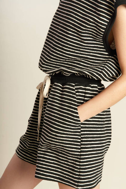 Sunset Cove Striped Romper with Drawstring Waist and Pockets