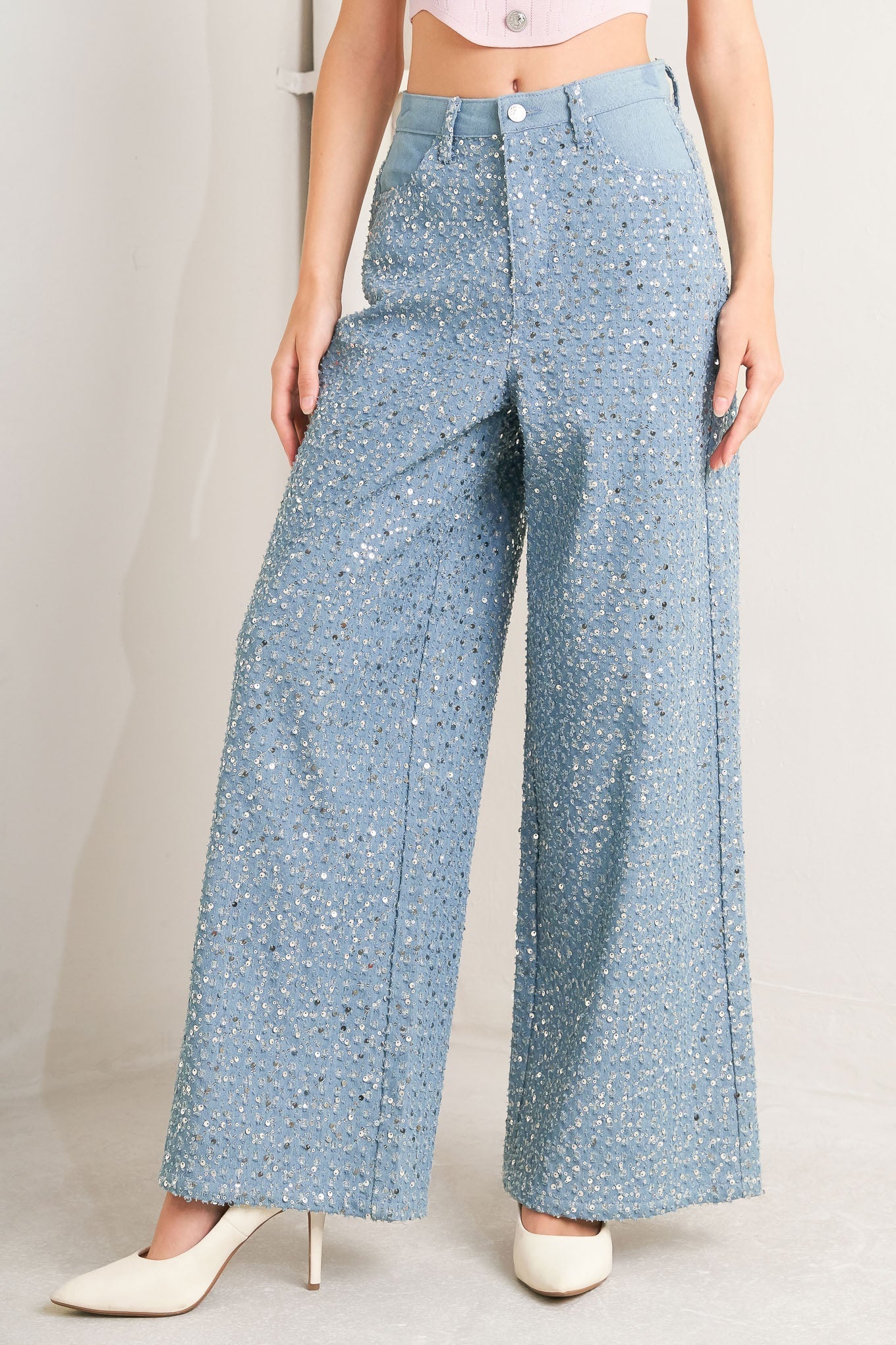 Loving Everyday Sequin Denim Pants Wide Leg Front Closure Flying Tomato