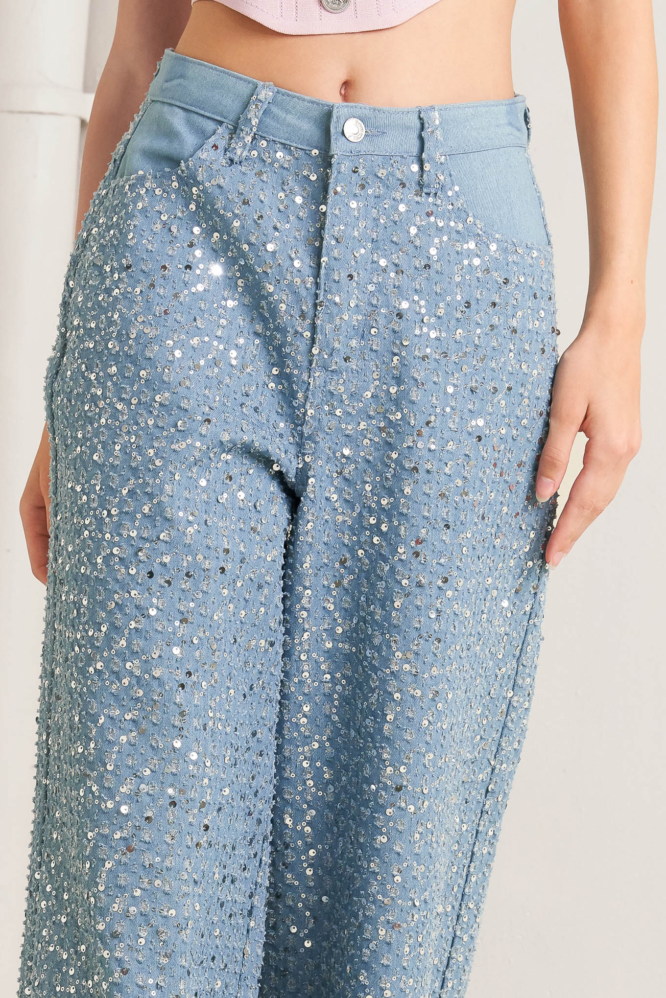 Loving Everyday Sequin Denim Pants Wide Leg Front Closure Flying Tomato