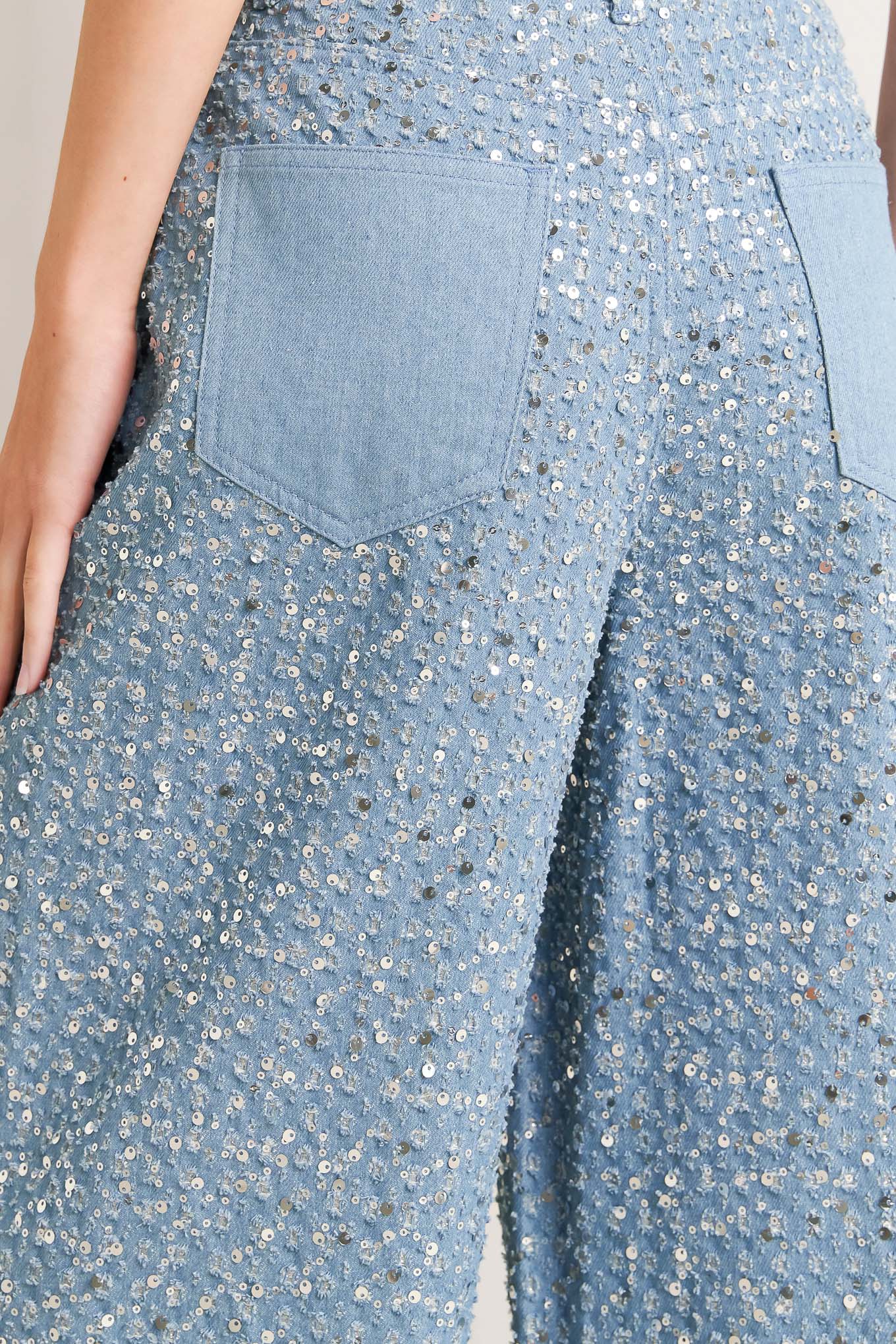 Loving Everyday Sequin Denim Pants Wide Leg Front Closure Flying Tomato
