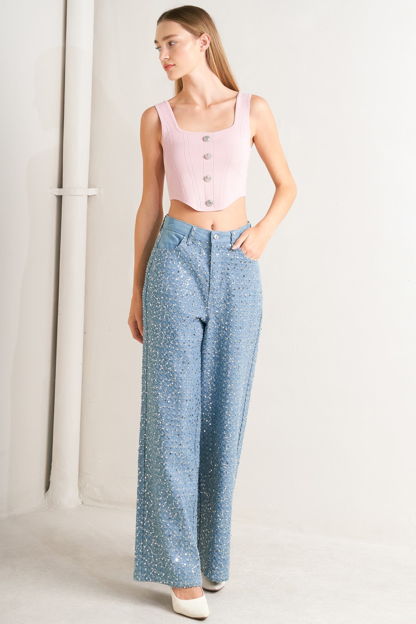 Loving Everyday Sequin Denim Pants Wide Leg Front Closure Flying Tomato