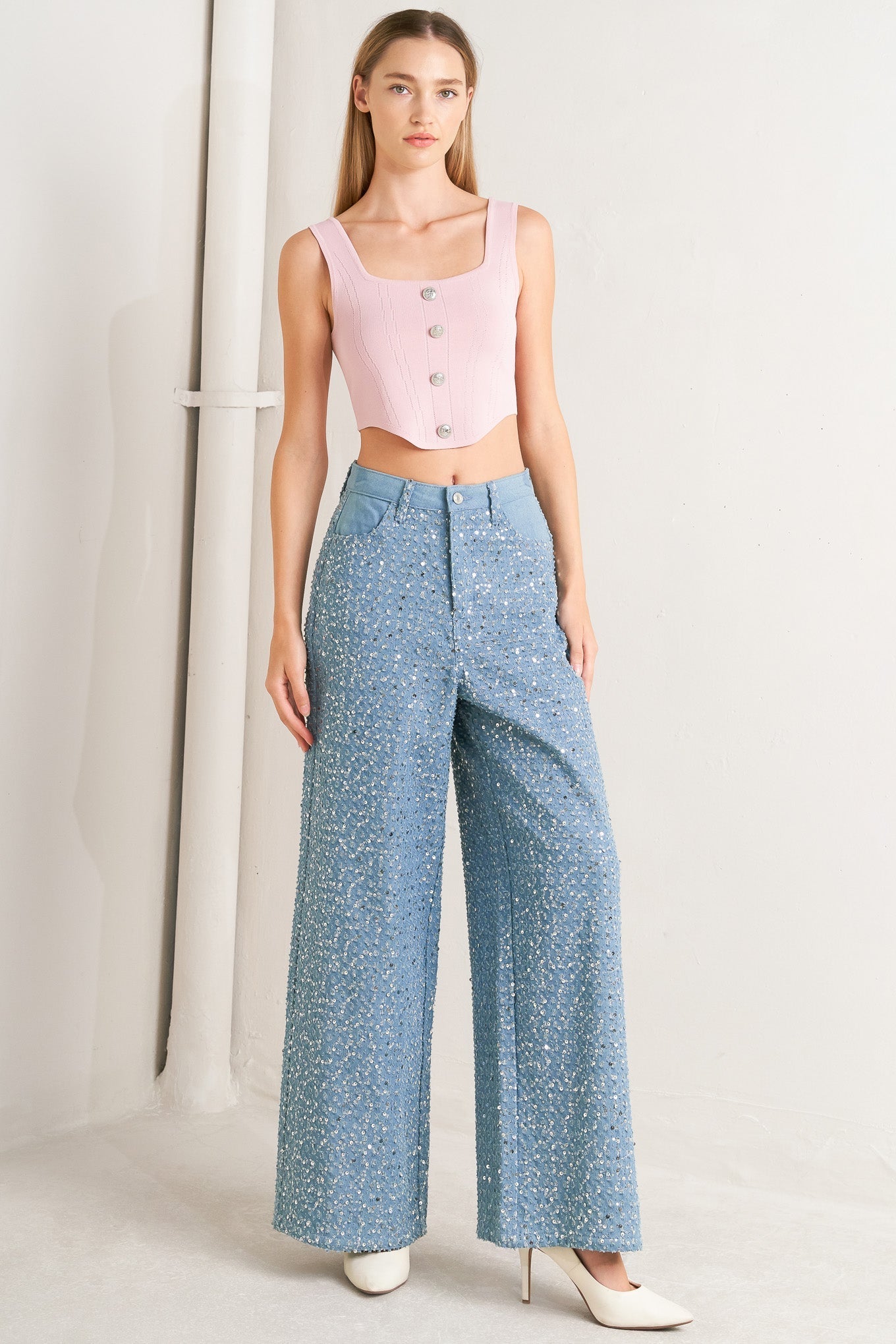 Loving Everyday Sequin Denim Pants Wide Leg Front Closure Flying Tomato