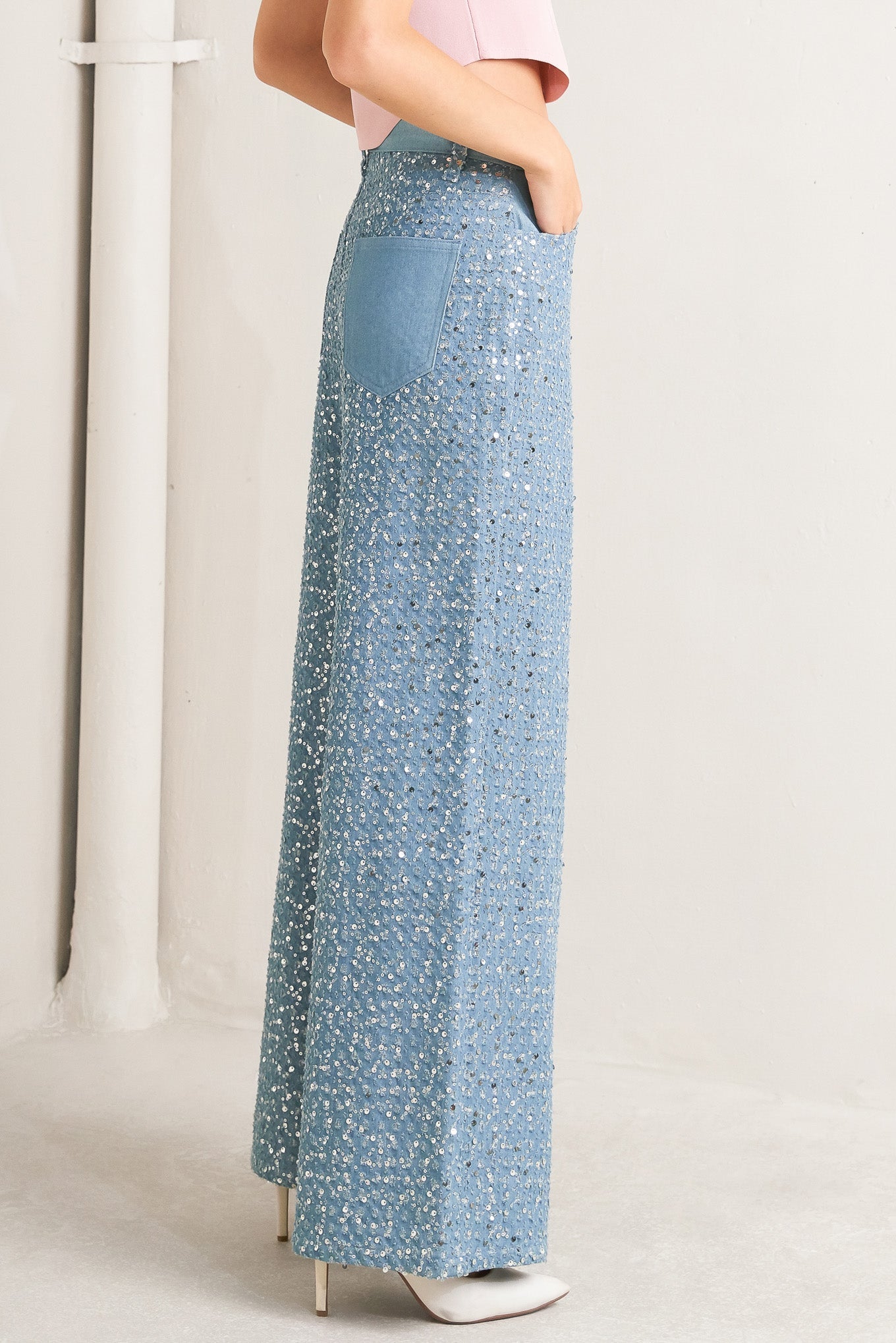 Loving Everyday Sequin Denim Pants Wide Leg Front Closure Flying Tomato