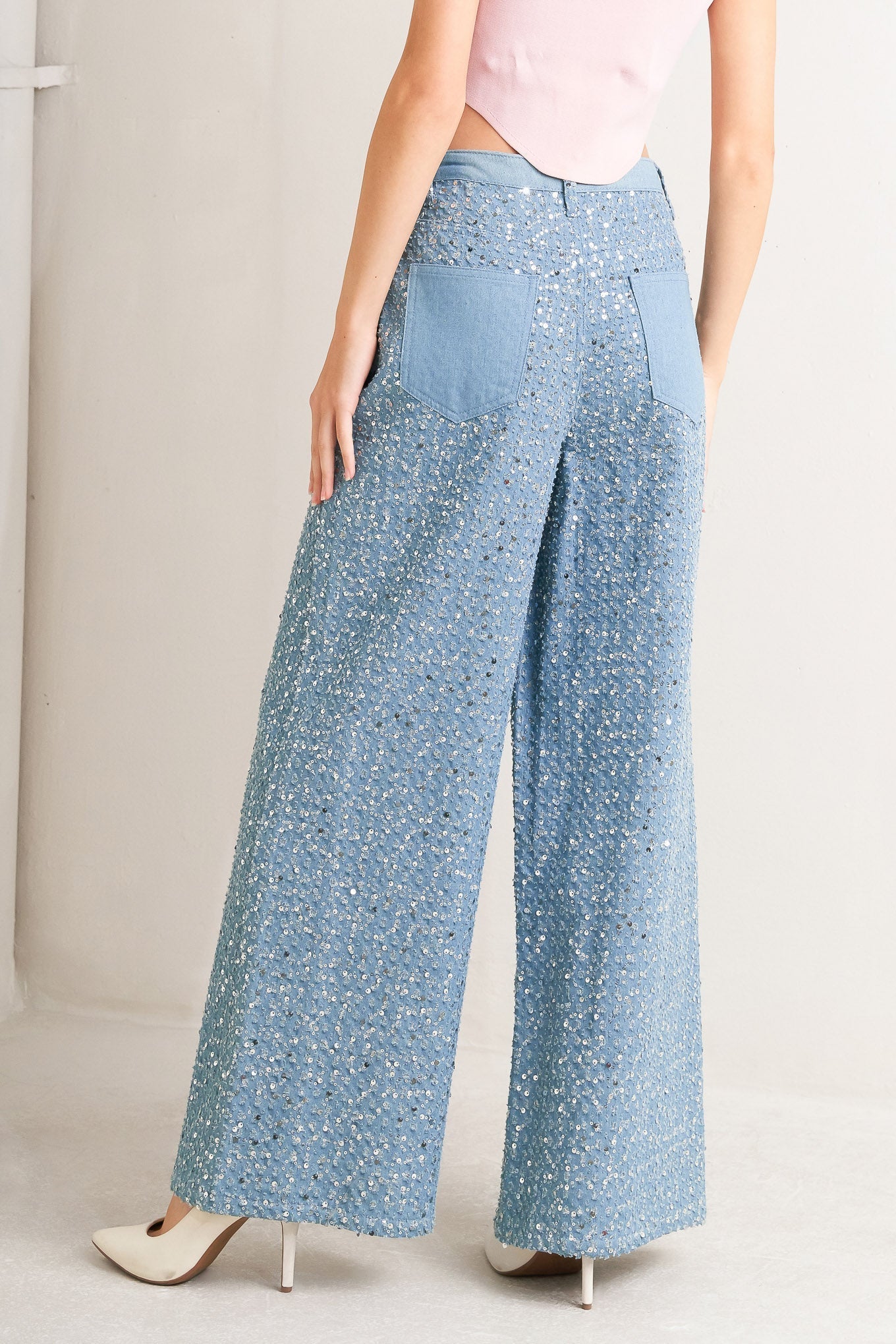 Loving Everyday Sequin Denim Pants Wide Leg Front Closure Flying Tomato