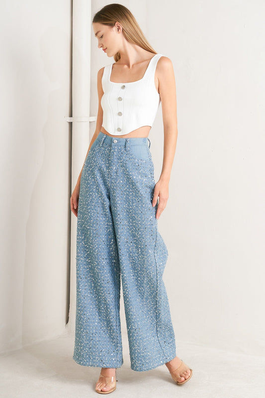Loving Everyday Sequin Denim Pants Wide Leg Front Closure Flying Tomato