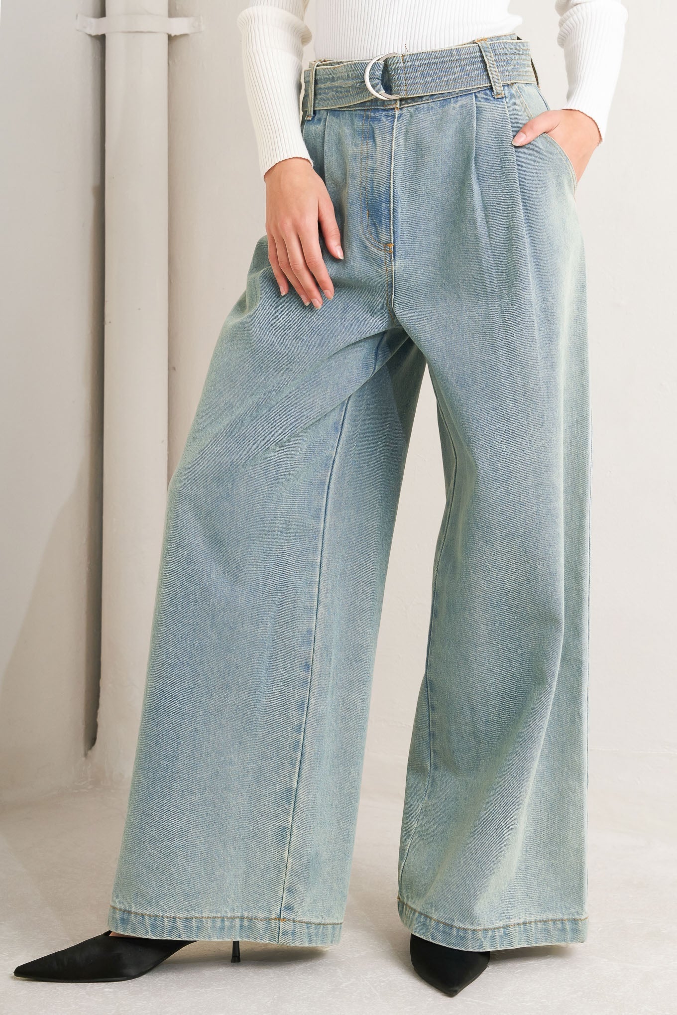 Think Of Me Washed Denim Pants With Wide Leg And Pockets Flying Tomato