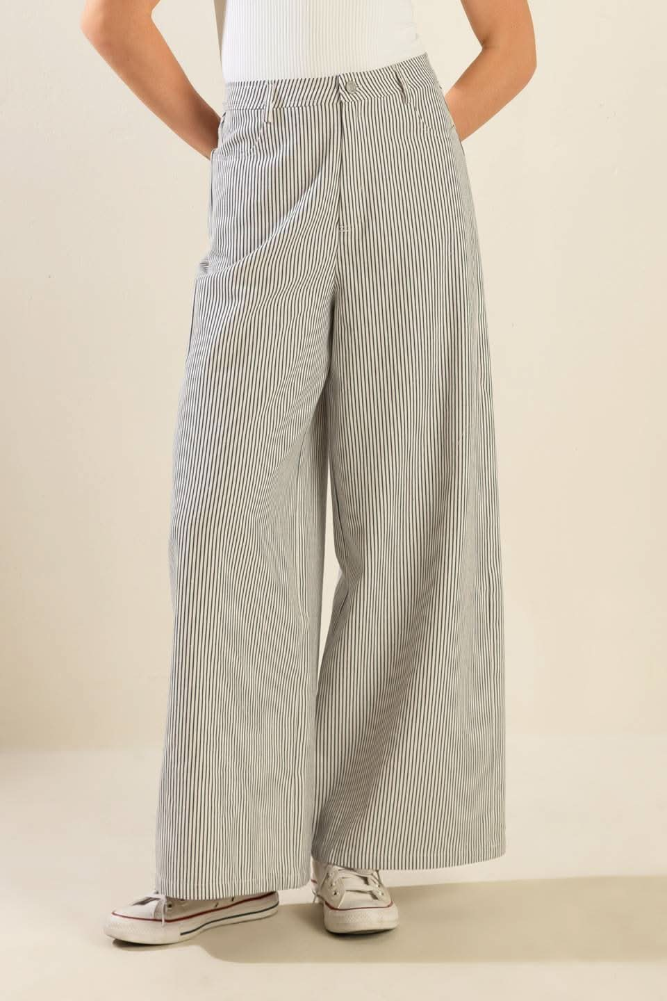 STRIPED WIDE LEG TWILL PANTS