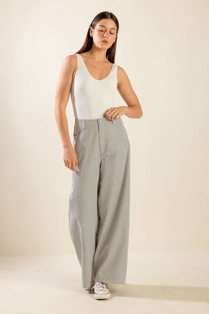 STRIPED WIDE LEG TWILL PANTS