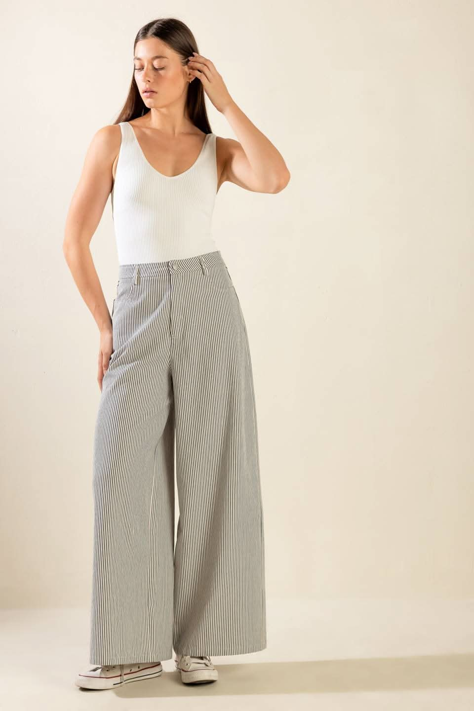 STRIPED WIDE LEG TWILL PANTS