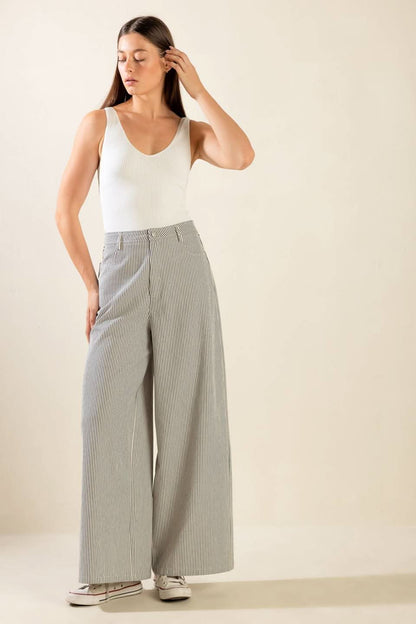 STRIPED WIDE LEG TWILL PANTS