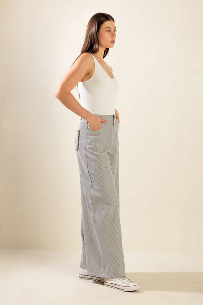 STRIPED WIDE LEG TWILL PANTS