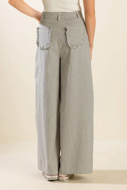 STRIPED WIDE LEG TWILL PANTS