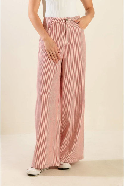 STRIPED WIDE LEG TWILL PANTS