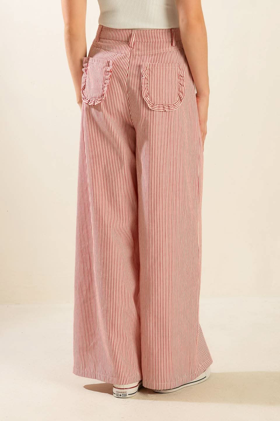 STRIPED WIDE LEG TWILL PANTS