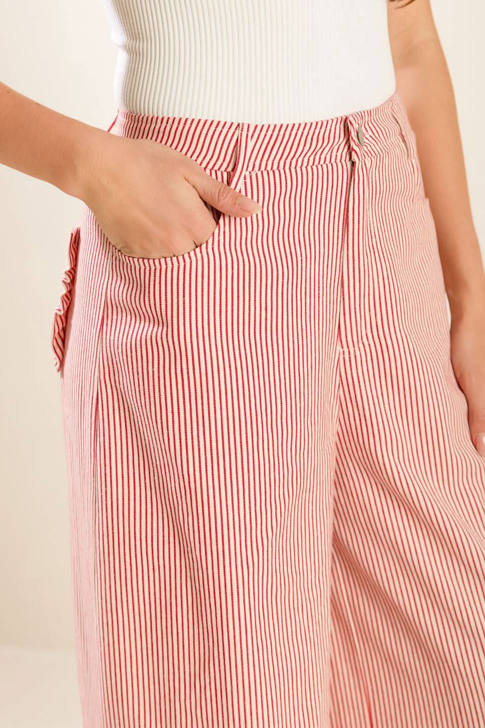 STRIPED WIDE LEG TWILL PANTS