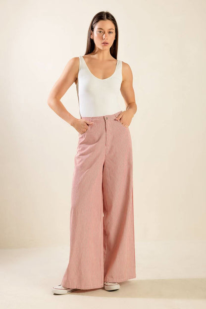 STRIPED WIDE LEG TWILL PANTS