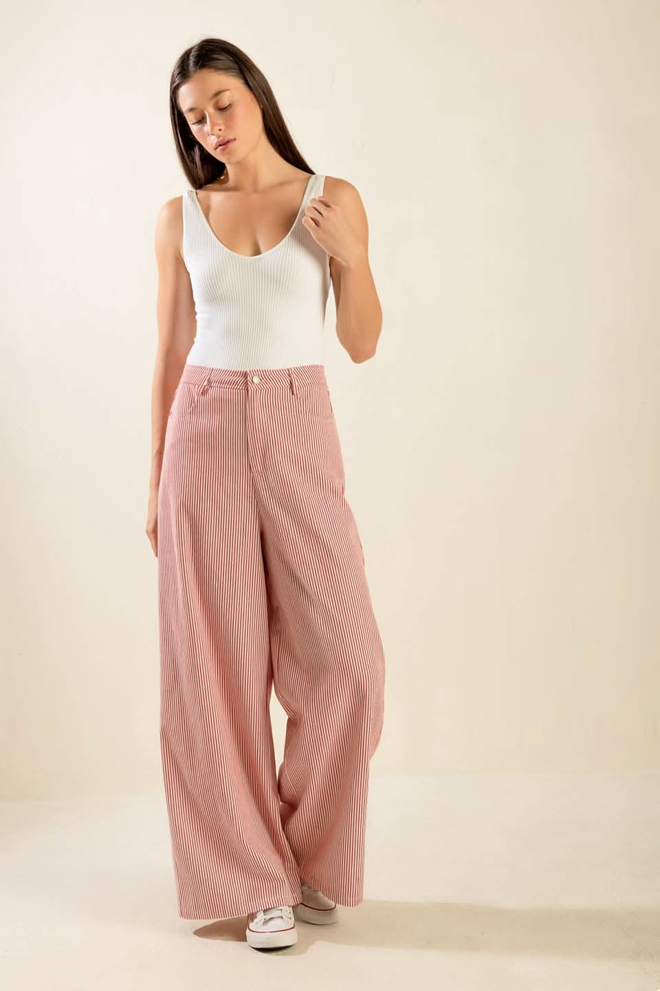 STRIPED WIDE LEG TWILL PANTS