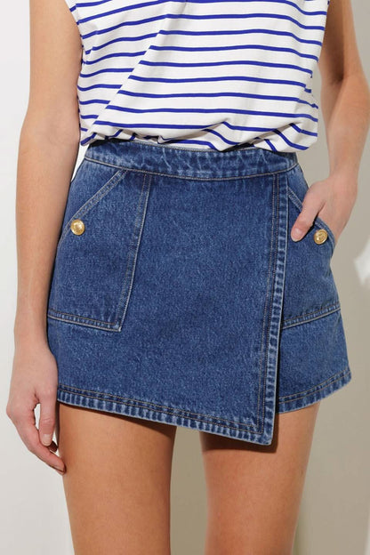 Distressed Denim Skort with Pockets and Zipper Closure