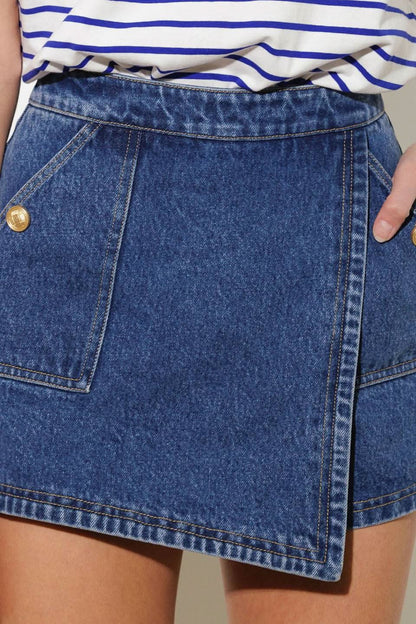 Distressed Denim Skort with Pockets and Zipper Closure