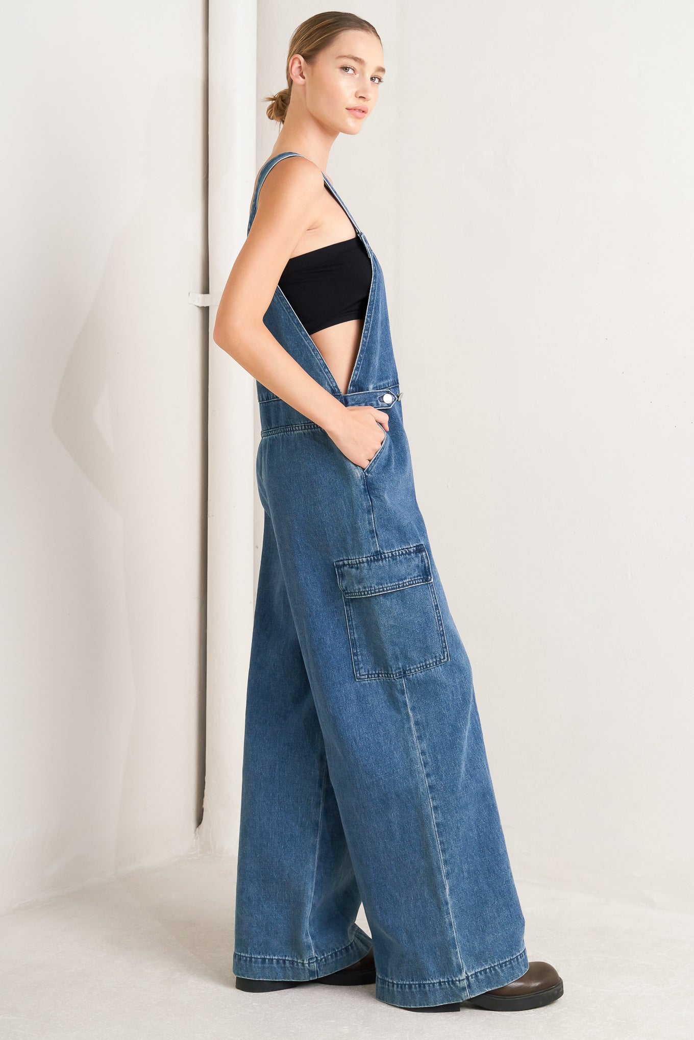 Let Me Talk Denim Cargo Pants With Washed Look Pockets Flying Tomato