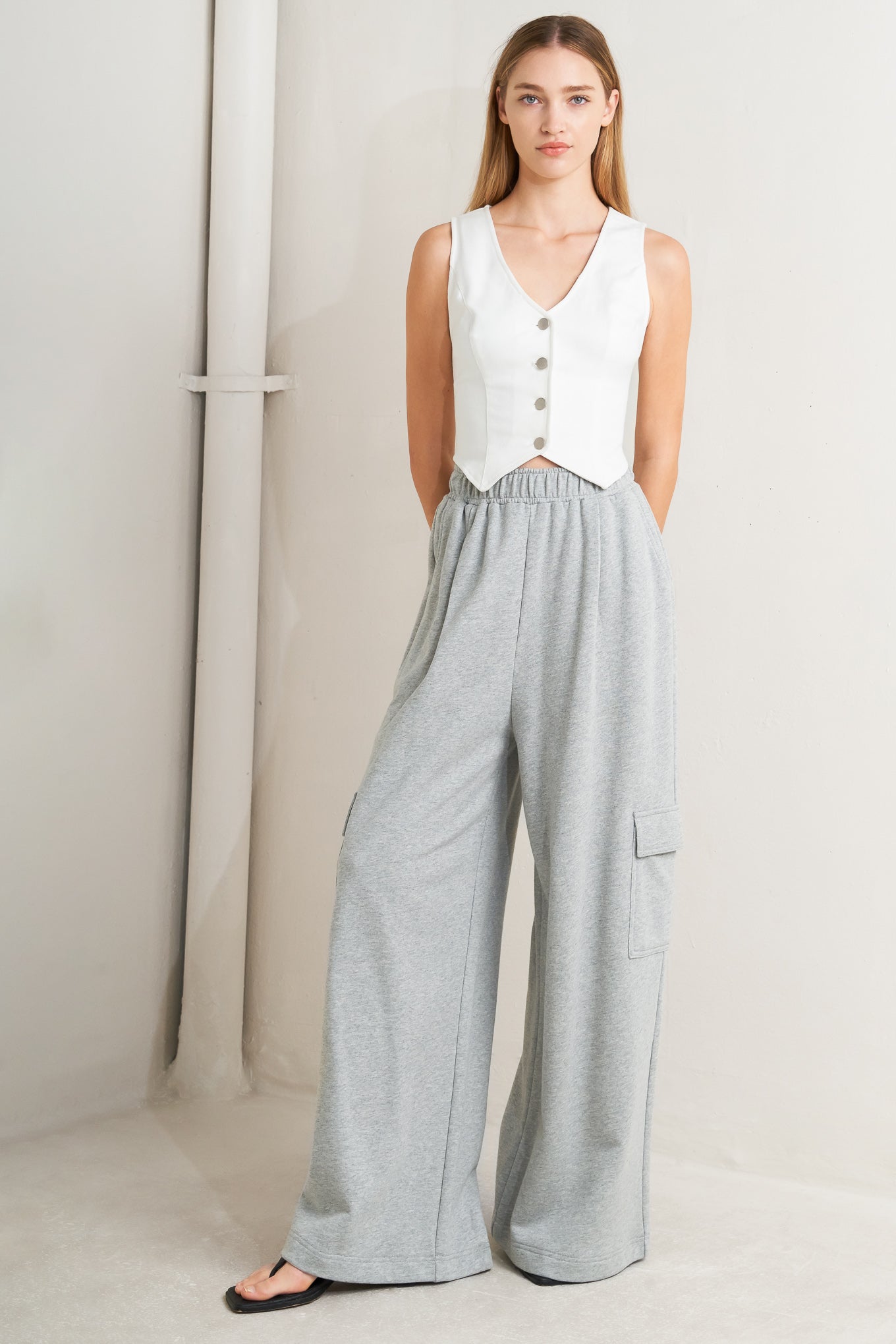 Cross Your Mind Knit Pants With Elastic Waist And Cargo Pockets Wide Leg Flying Tomato