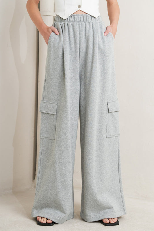 Cross Your Mind Knit Pants With Elastic Waist And Cargo Pockets Wide Leg Flying Tomato