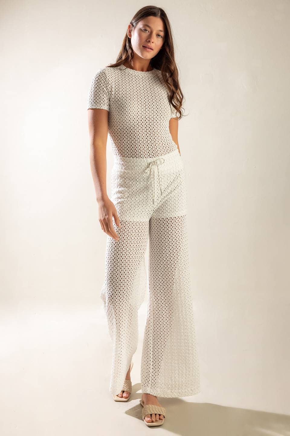 Presence Of Love Semi Sheer Knit Pants With Tie Waist