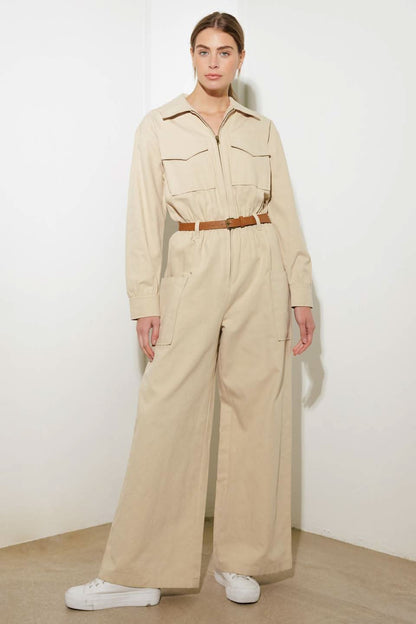 WOVEN CARGO JUMPSUIT WITH BELT