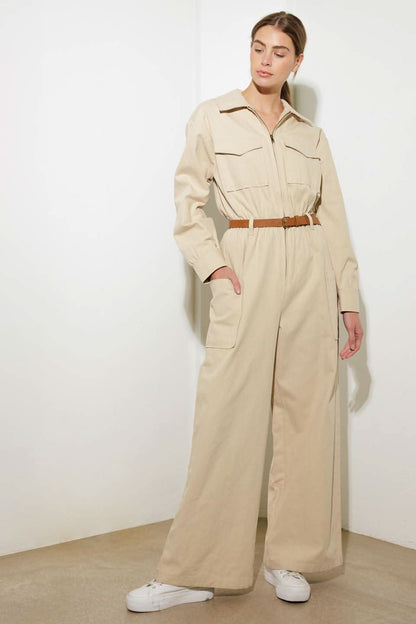 WOVEN CARGO JUMPSUIT WITH BELT