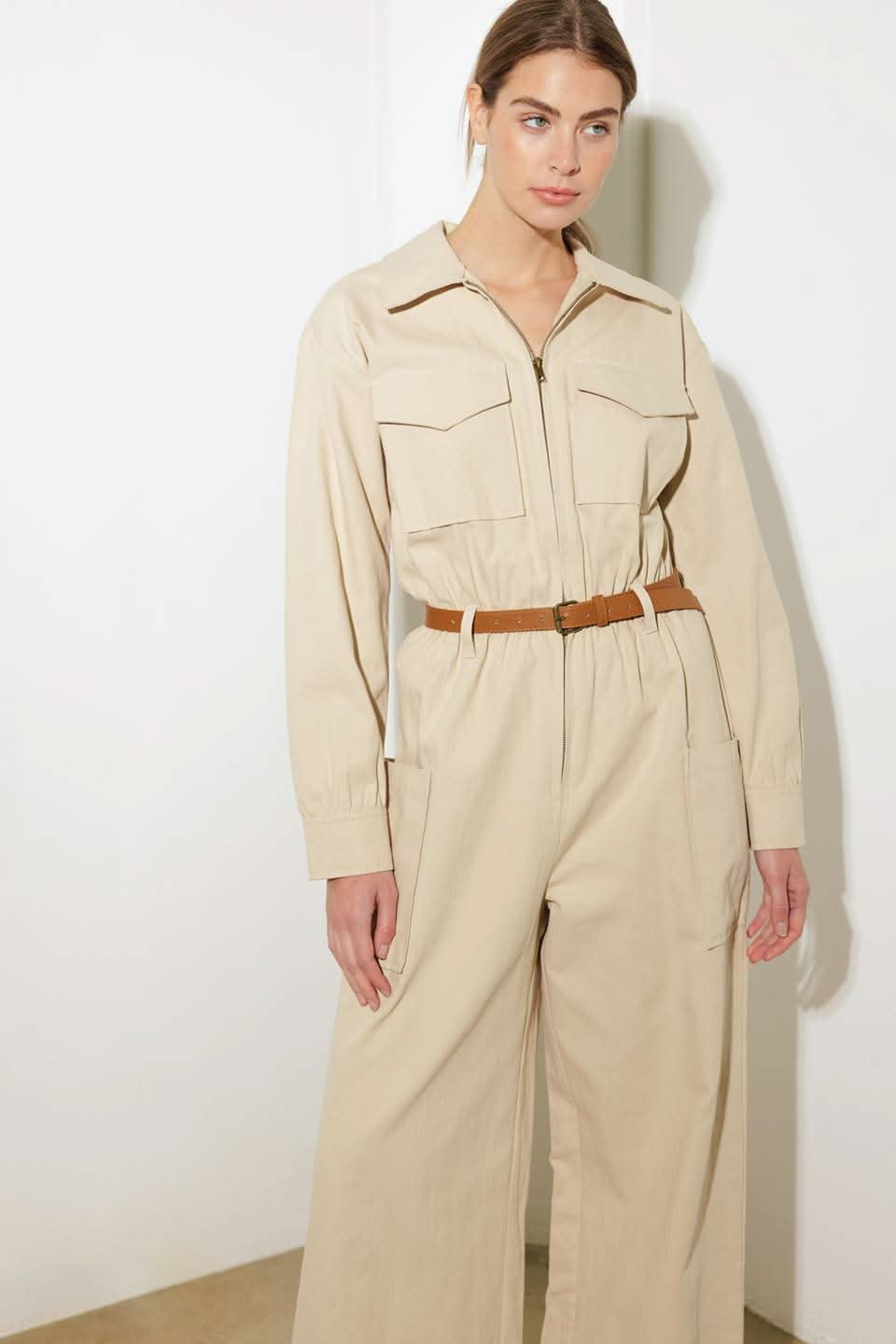 WOVEN CARGO JUMPSUIT WITH BELT