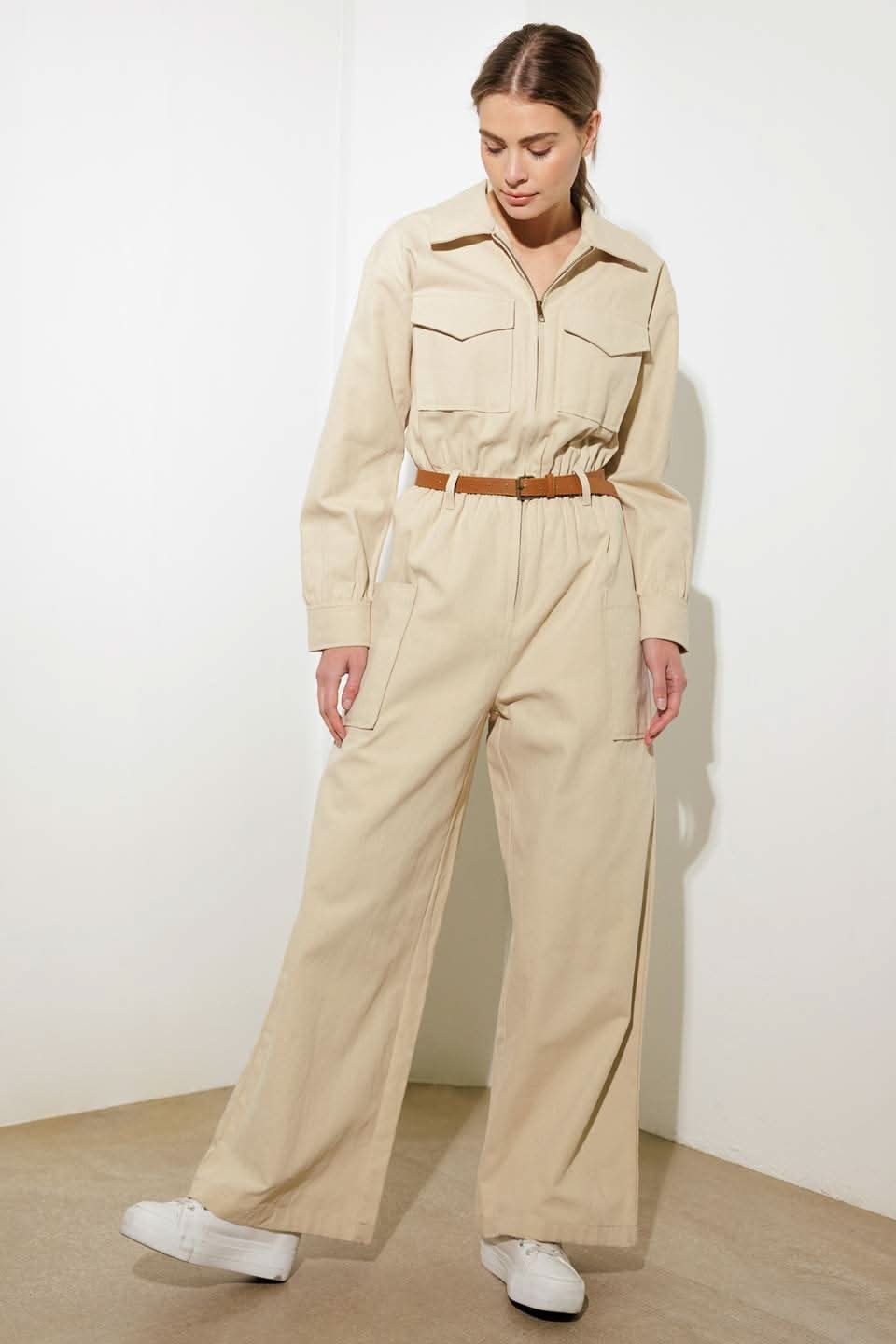 WOVEN CARGO JUMPSUIT WITH BELT