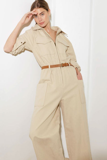 WOVEN CARGO JUMPSUIT WITH BELT