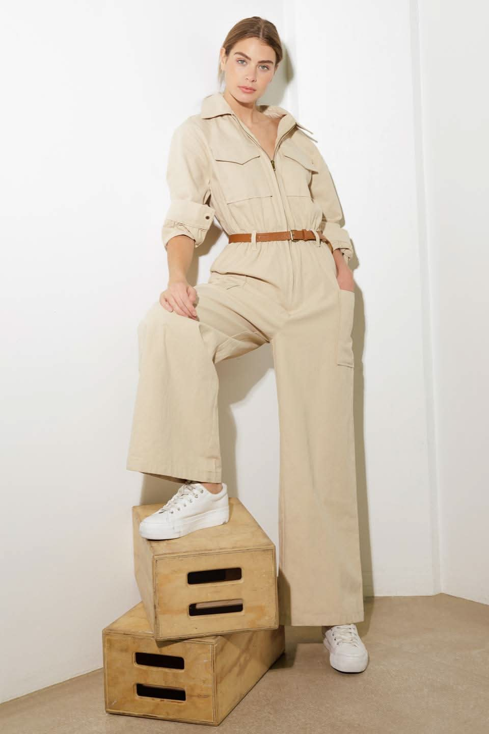 WOVEN CARGO JUMPSUIT WITH BELT