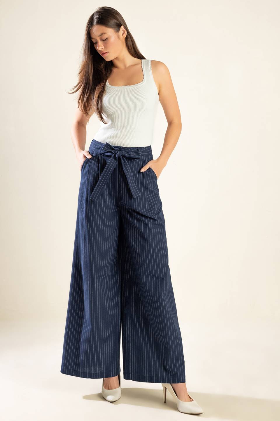 STRIPED WOVEN WIDE LEG PANTS