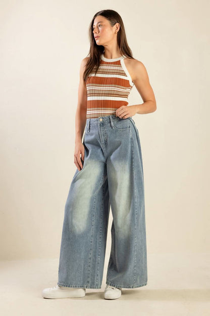 Flared Denim Trousers with Braided Pockets